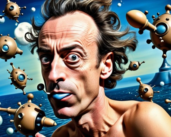 Surreal Scene with Man, Robots, and Vibrant Background