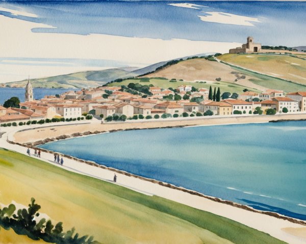 Watercolor of a Coastal Landscape with Hillside Town