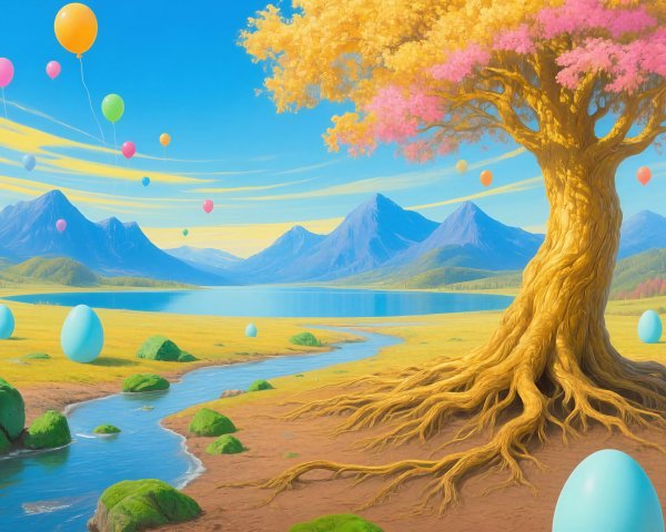 Colorful Balloons Above a Fantasy Landscape with Lake