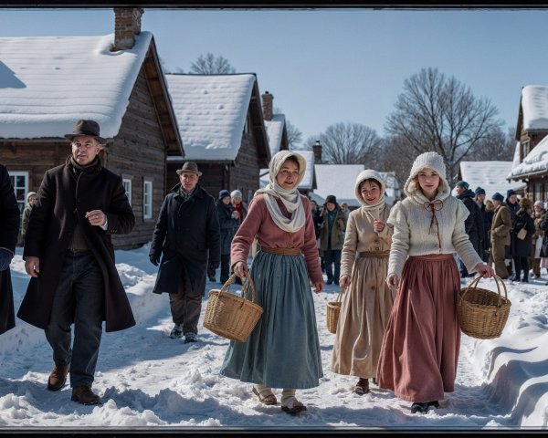 Historical attire in a snowy village setting