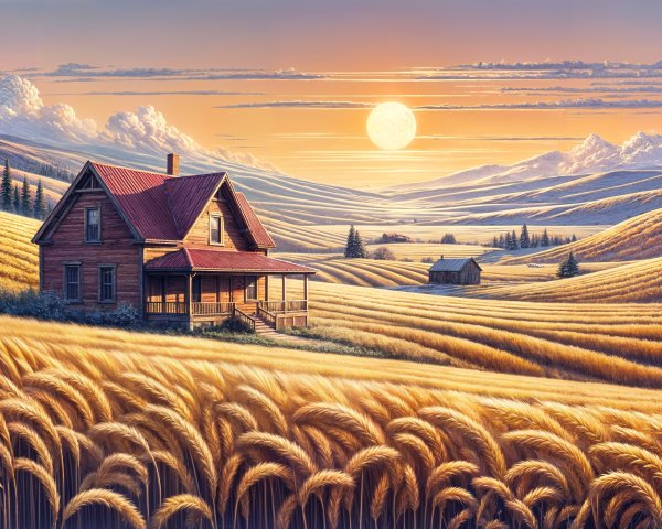Serene Landscape with Wooden House and Wheat Fields