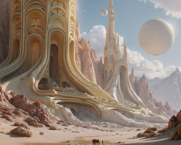 Surreal Landscape with Fluid Structures and Travelers