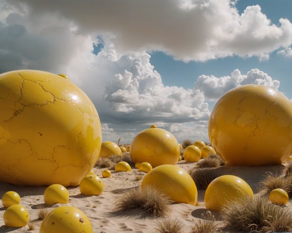 Surreal Landscape with Oversized Yellow Spheres