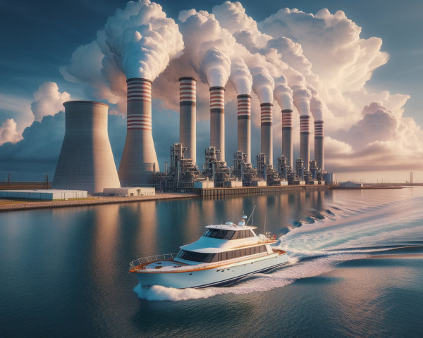 Yacht on Tranquil Waters Near Industrial Smokestacks