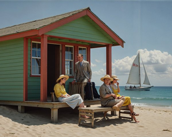 Vintage Beach Scene with Cottage and Elegantly Dressed Figures