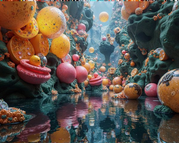 Surreal Landscape with Vibrant Floating Spheres