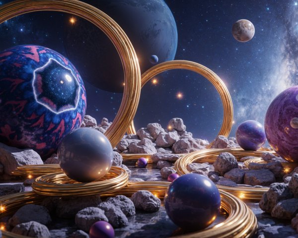 Surreal Cosmic Landscape with Vivid Orbs and Rings