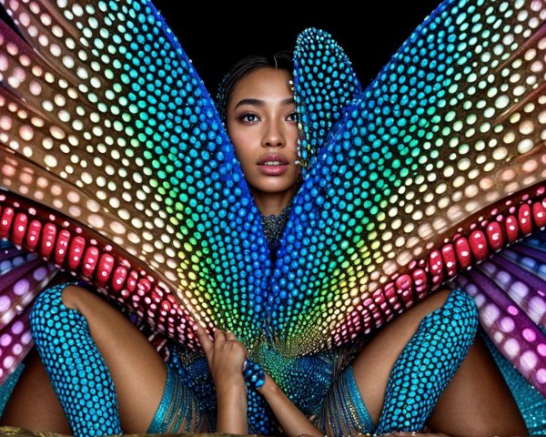 Model with Iridescent Butterfly Wings and Body Art