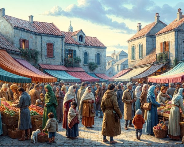 Vibrant Village Market Scene with Historical Elements