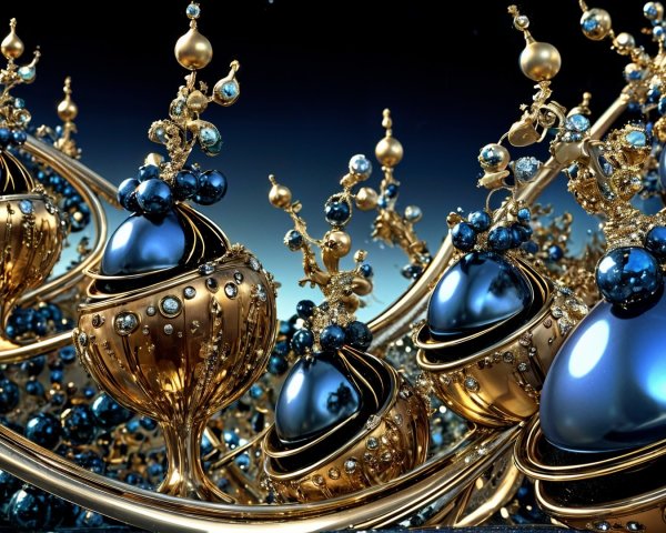 Abstract Composition of Golden Vessels with Blue Orbs