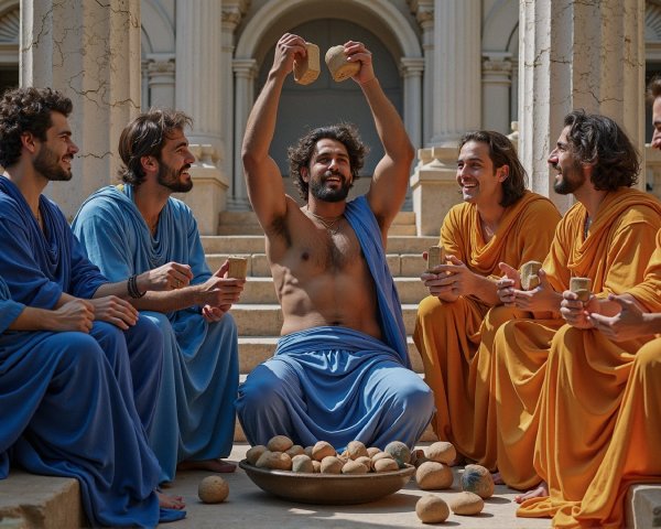 Seven Men in Semicircle with Stones in Ancient Setting