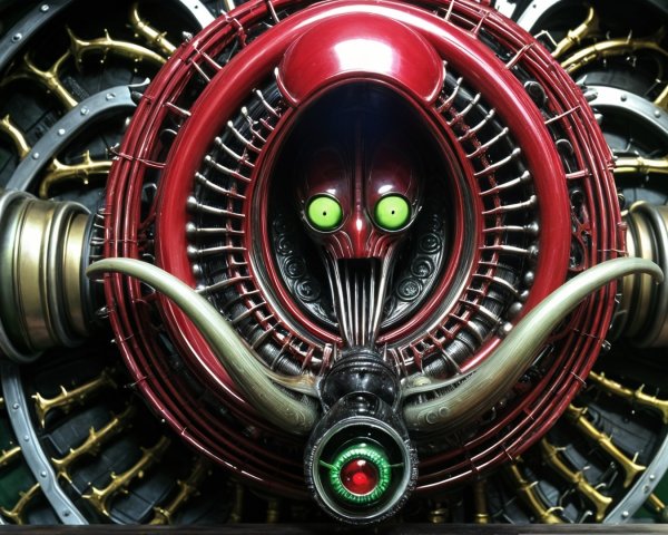 Mechanical Face with Red Exterior and Green Eyes