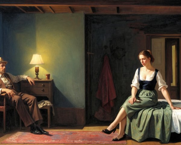 Serene Interior Scene with Man and Woman in Attire