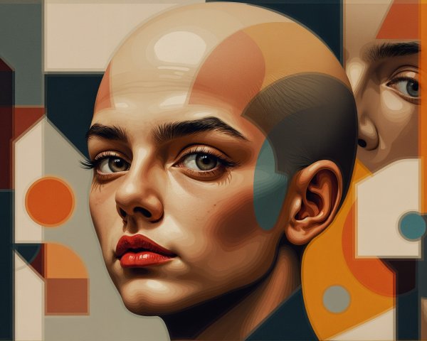 Stylized Portrait of a Young Bald Woman with Geometry