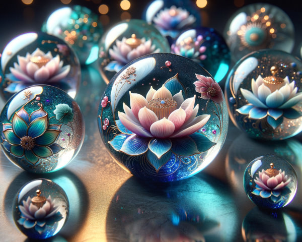 Collection of Hand-Painted Glass Orbs with Lotus Flowers