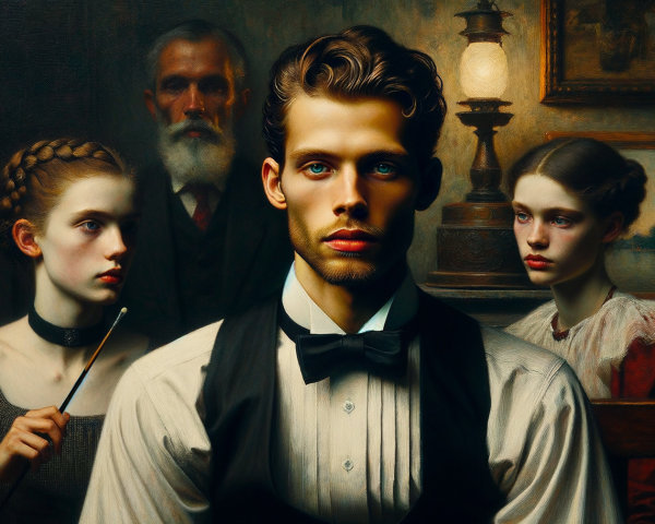 Portrait of Young Man in Bow Tie with Two Women
