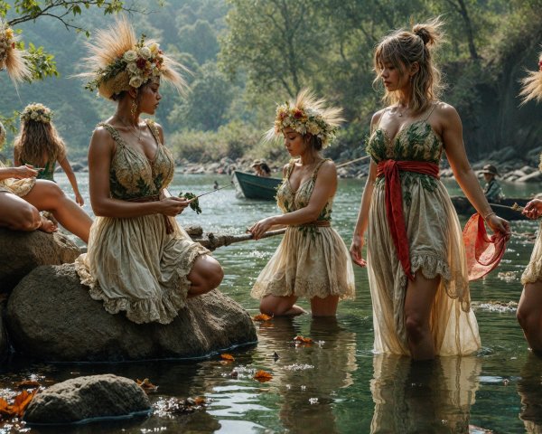 Women in Nature-Inspired Dresses by a Serene River