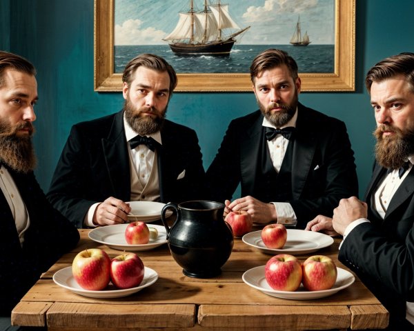 Bearded Men in Tuxedos Around Rustic Table Setting