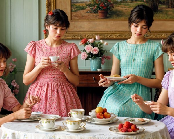 Tranquil Tea Gathering with Young Women in Pastel Dresses