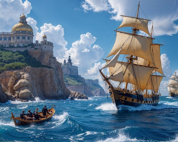 Tall Ships on Bright Blue Sea with Coastal City View