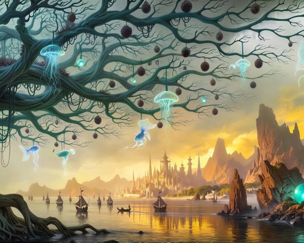 Fantasy Landscape with Bioluminescent Banyan Tree