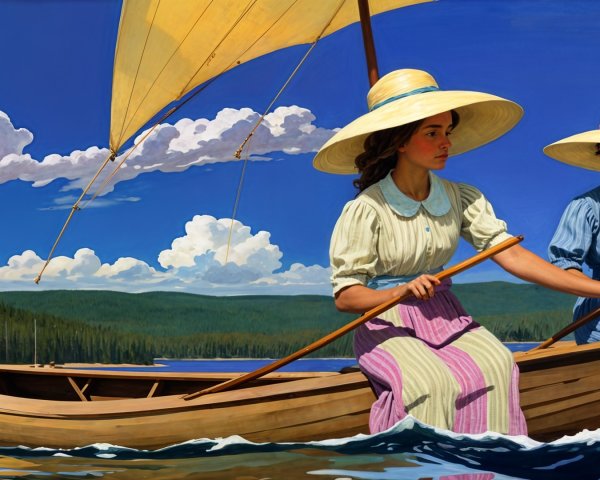 Vintage Attire Women Rowing on a Blue Lake