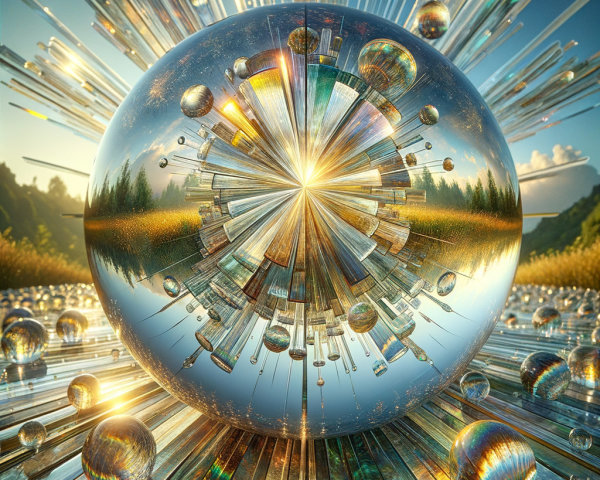 Surreal Landscape with Reflective Sphere and Cityscapes
