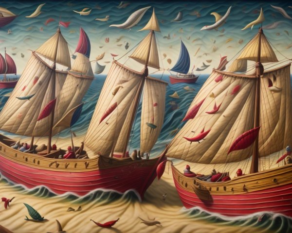 Vibrant Maritime Scene with Colorful Sailing Ships