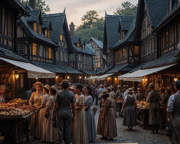 Village market scene at dusk with timber-framed buildings