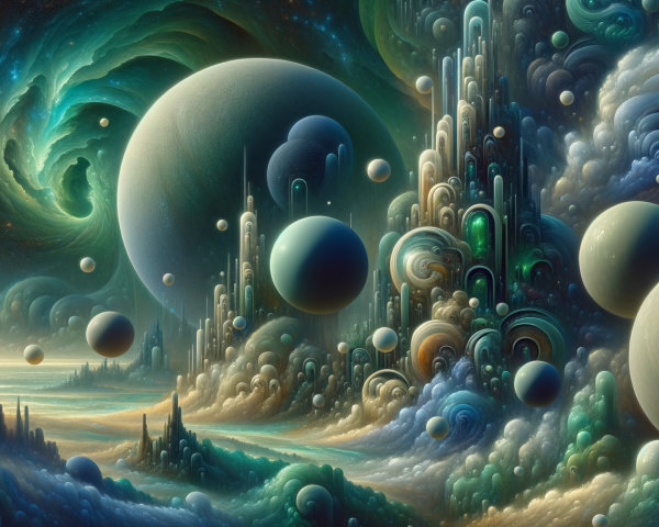 Surreal Cosmic Landscape with Vibrant Galaxies and Crystals