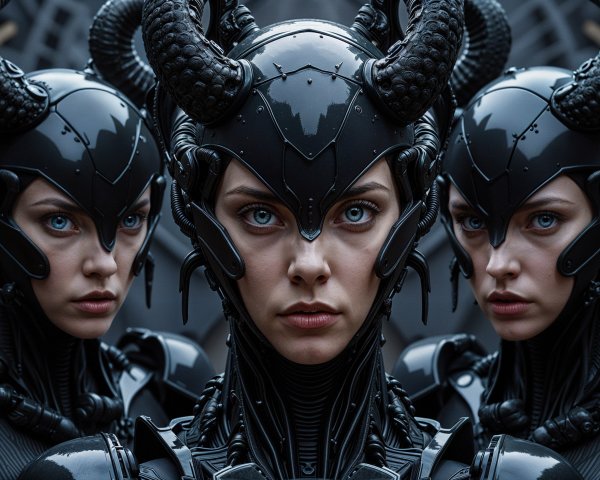 Futuristic Figures in Dark Armor with Mechanical Details