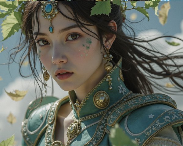 Young woman in turquoise attire with gold accents