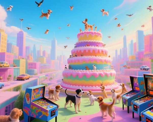 Surreal Landscape with Colorful City and Dogs