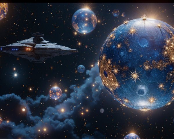 Cosmic Scene with Spaceship and Glowing Planet