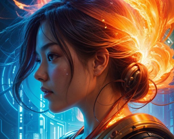 Futuristic Portrait of Young Woman with Fiery Hair