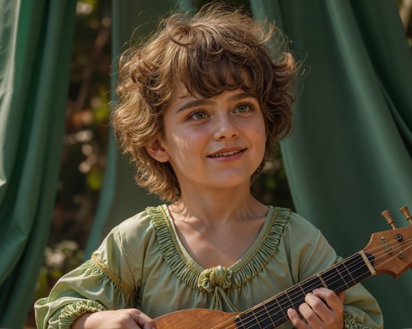 Child with Curly Hair Holding Instrument in Whimsical Setting