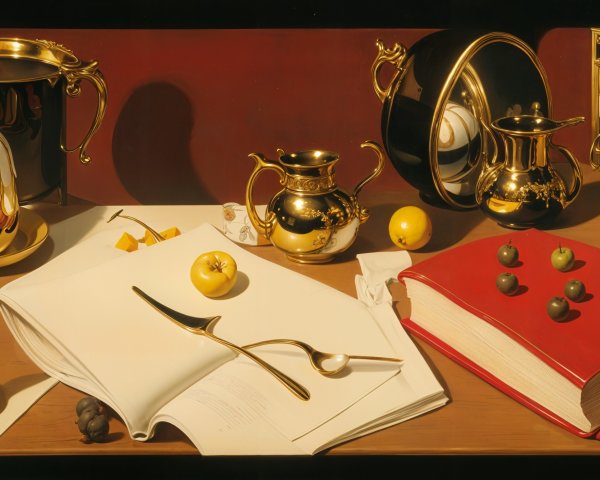 Still Life with Metallic Objects and Colorful Fruits