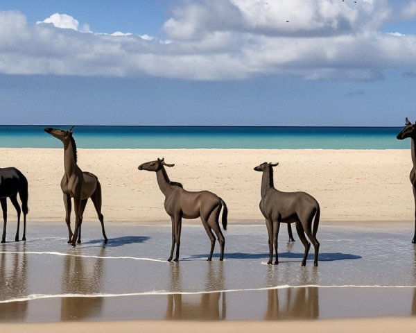 Horses on a Serene Beach with Gentle Waves and Clouds