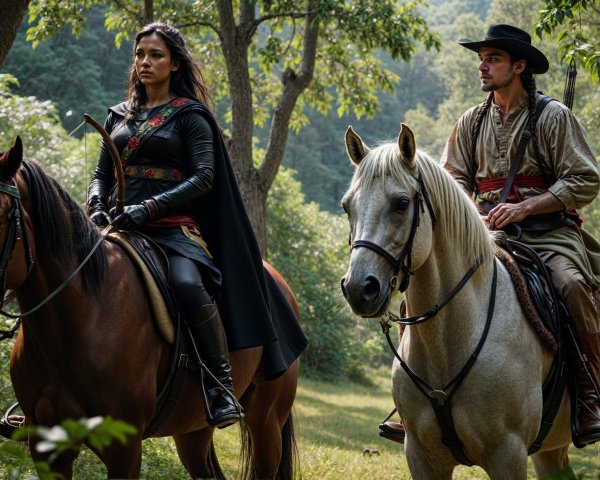 Riders on Horses in a Lush Green Forest Setting