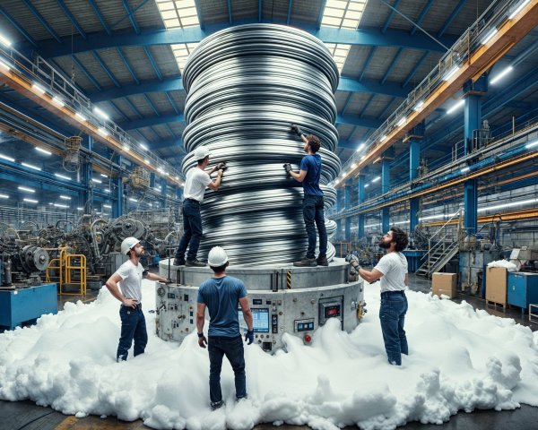 Factory Scene with Workers Assembling Metallic Coils