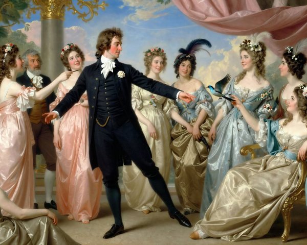 Historical painting depicting a dance scene with figures