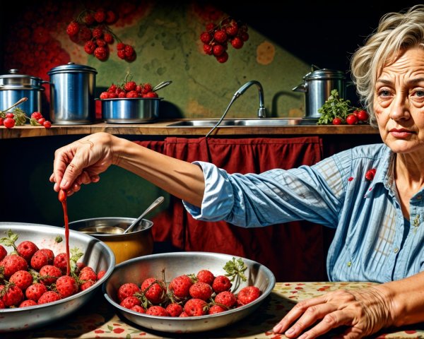 Woman with Gray Hair at Table with Strawberries
