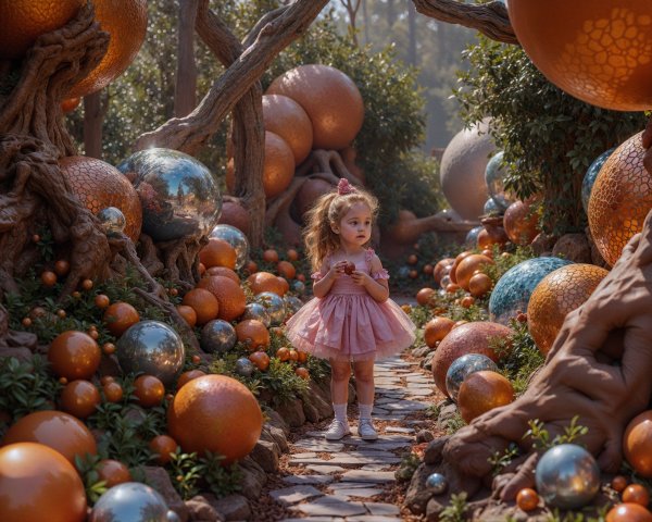 Whimsical Garden Scene with Colorful Orbs and Girl
