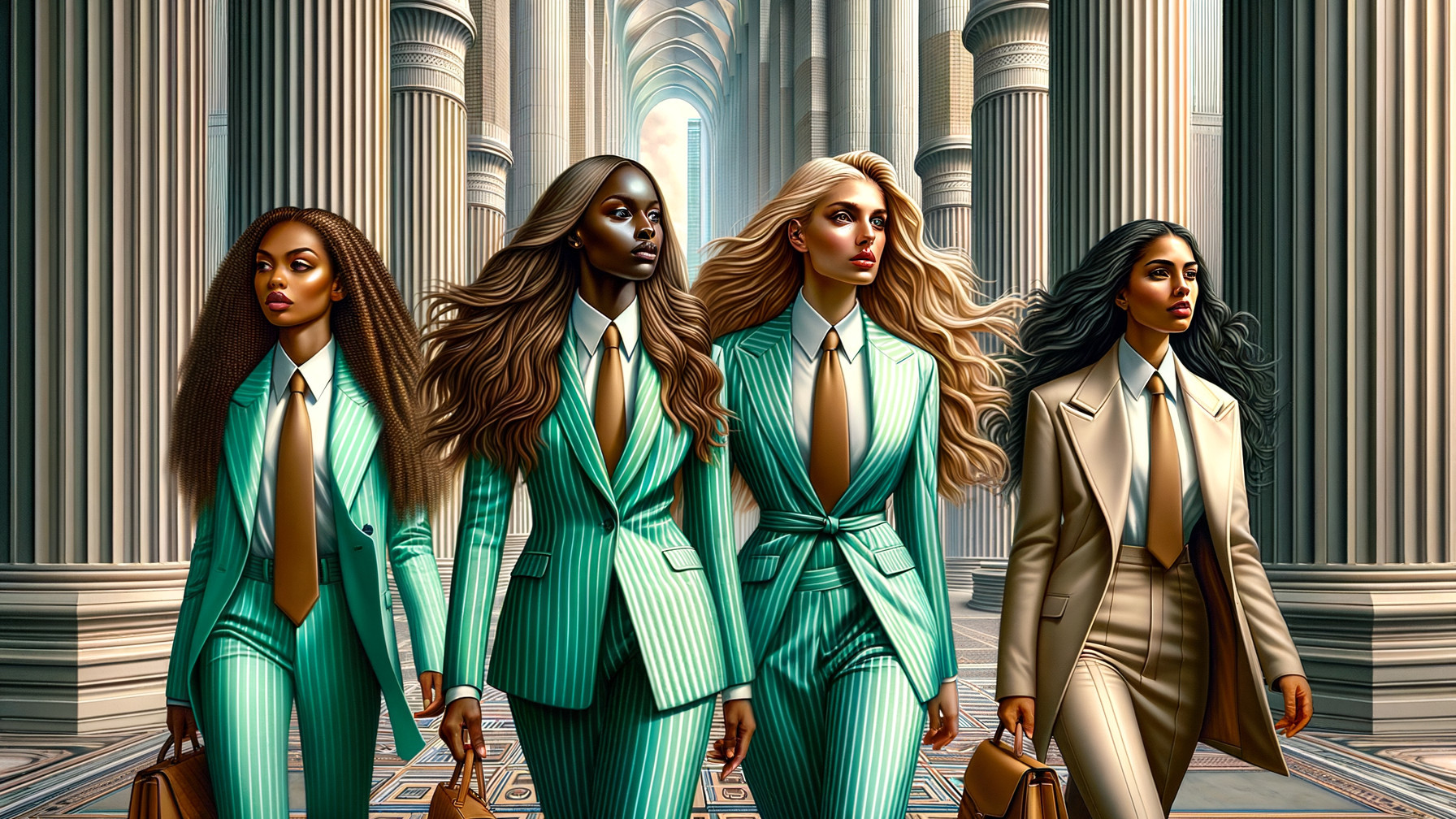 Confident Women in Stylish Suits in Elegant Colonnade