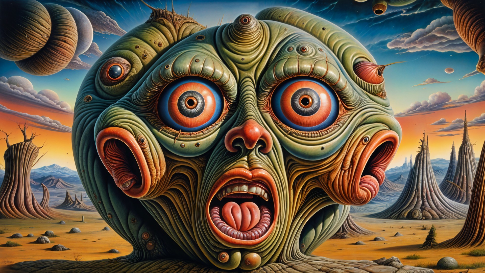 Surreal Landscape with Distorted Giant Face and Planets