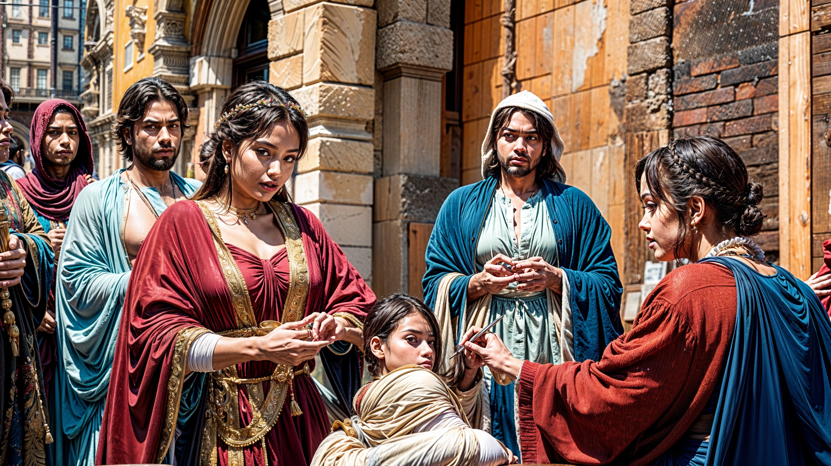 Historical Scene with Colorful Garments and Drama