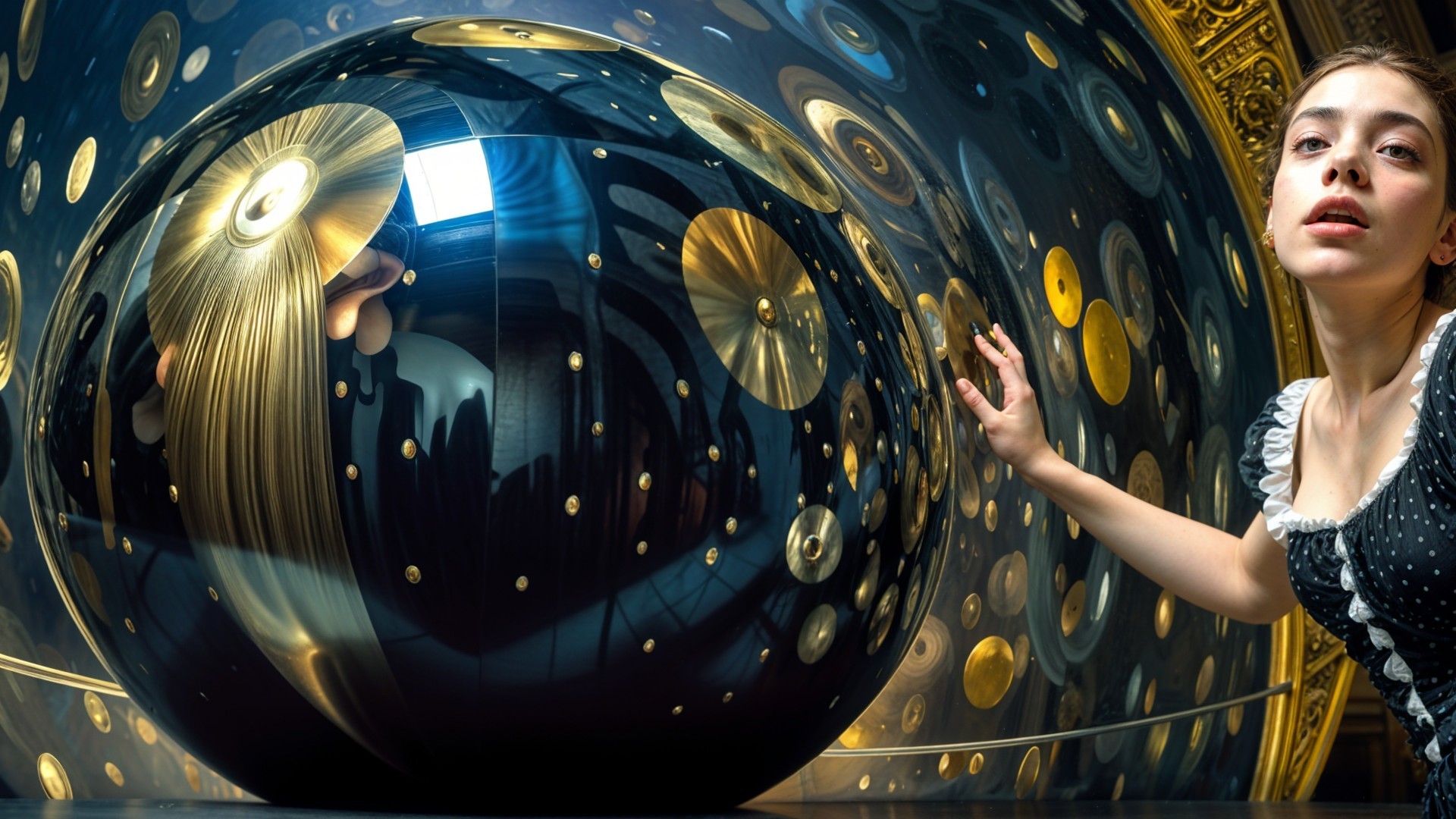 Young Woman in Vintage Dress Beside Reflective Sphere