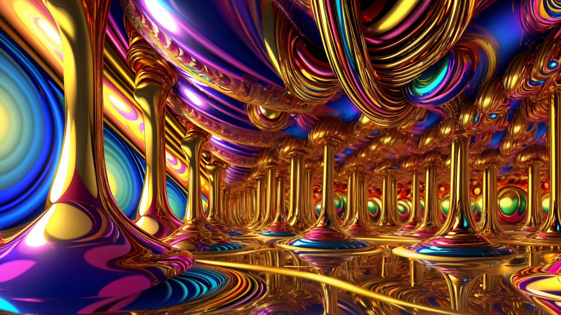 Abstract Scene with Swirling Colors and Pillars