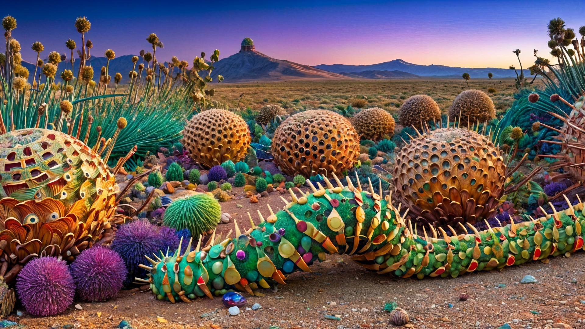 Surreal Landscape with Vibrant Orbs and Twilight Sky