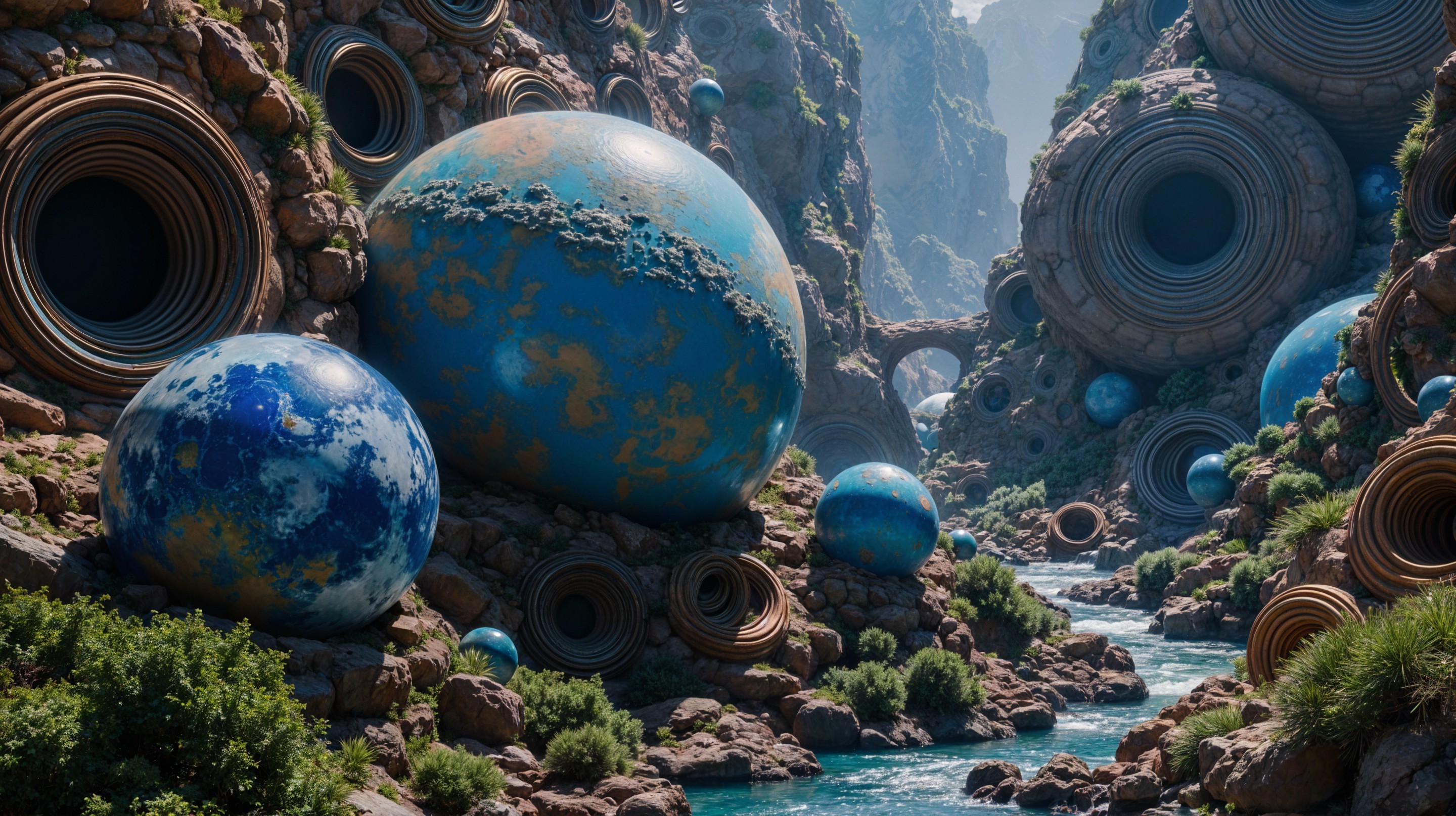 Surreal Landscape with Textured Spheres and River
